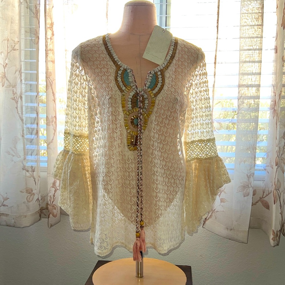 NEW! La Bellum by Hillary Scott Ivory Lace Top with intricate Bead Detail
